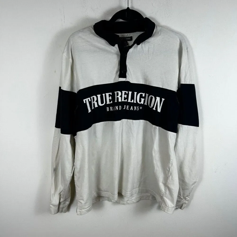 True Religion Long Sleeve Shirt Mens XL White Black Rugby Polo Graphic Tee